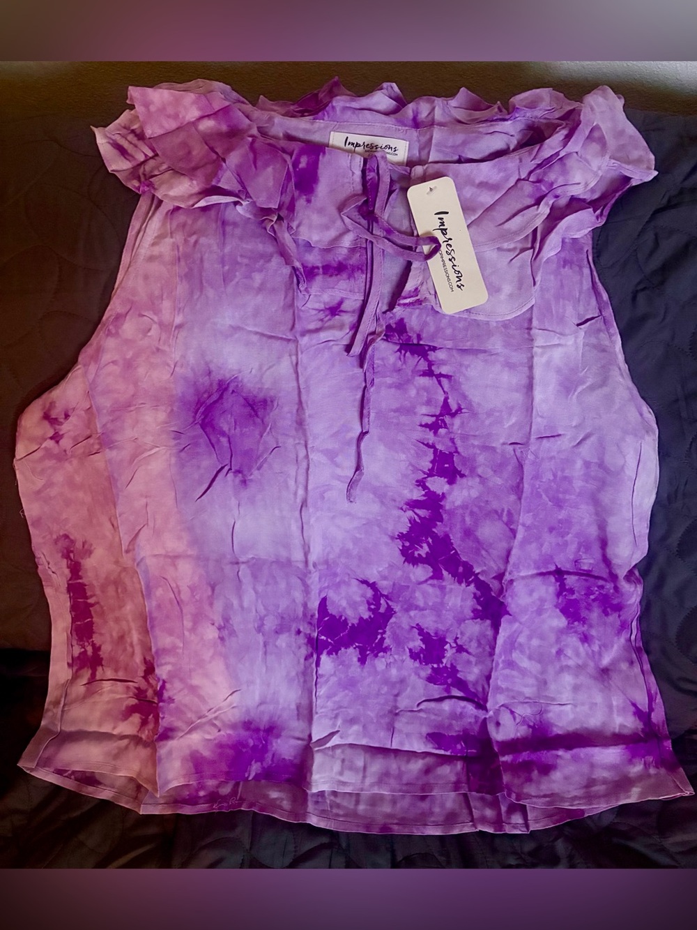 Impressions Lavender & Violet Tie-Dye Ruffle Neck Sleeveless Top Size 1X NWT
